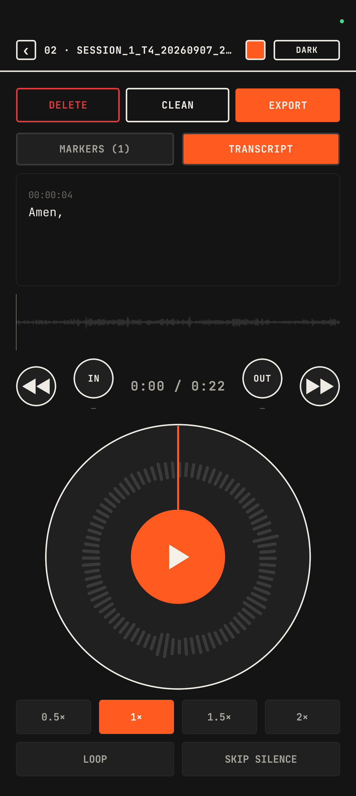Session detail screen showing a marker, a transcript line, and the jog dial
